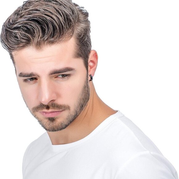 Black Stainless Steel Small Hoop Earrings for Men, Unisex, Hinged Huggie Style, - Picture 6 of 8